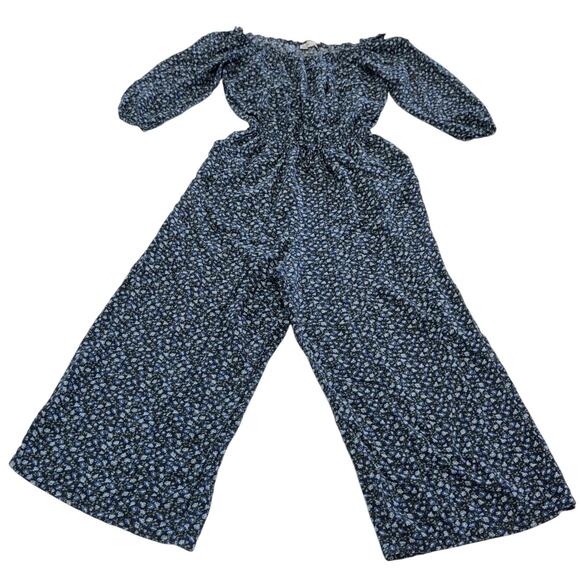 Hollister Jumpsuit Womens Medium Blue Floral Wide Leg Smocked Waist Pockets - Picture 1 of 8